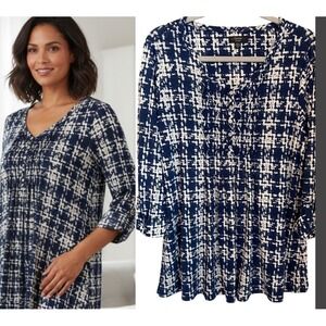 Cocomo Womens Size 2X Stretchy 3/4 Sleeve Tunic Blouse Navy Cream Office Casual